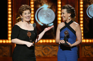 Lisa Kron, left, and Jeanine Tesori accepting a Tony Award for best score, for their collaboration on "Fun Home." Credit Sara Krulwich/The New York Times