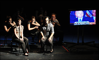 Above from left, Courtney Ulrich, Rachel Caywood, Liz McAuliffe, Lucy Obus and Clark Young have to respond to on-the-spot questions in "The Race."  (Photos By Jonathan Ernst For The Washington Post) 