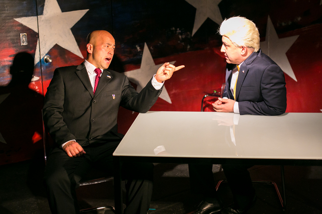  CHESHIRE ISAACS/IMPACT THEATRE GOP presidential candidate Len (played by Michael Uy Kelly) is interviewed by a cable news personality (Matthew Lai) in "Mutt," a wild satire about race and politics playing at Berkeley's Impact Theatre. ( it )